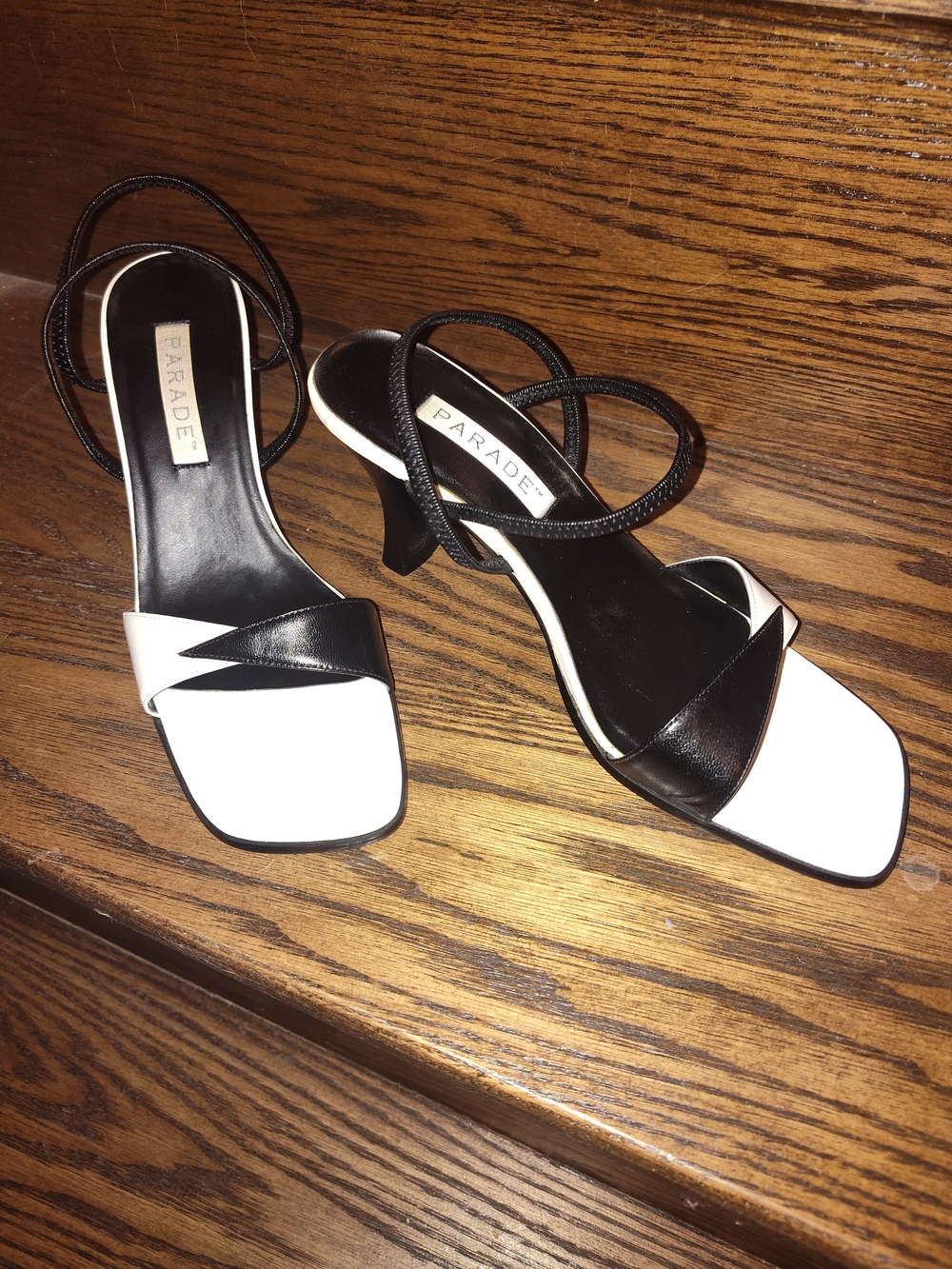 Two-Tone Black & White Strappy Mid-Heel Sandals